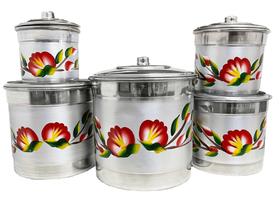 Jogo De Mantimentos Pote Decorado Floral Alumínio 5 Peças