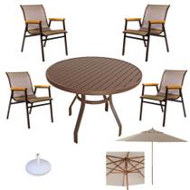 Jogo de mesa 4 cadeiras braço madeira e ombrelone de piscina - Sarah Móveis