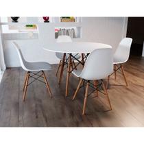 Jogo de Mesa 4 Cadeiras Brancas Eames Dkr 90 Cm Base Madeira Tampo Branco