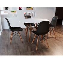 Jogo De Mesa 4 Cadeiras Pretas Eames 110 Cm Base Madeira Tampo Branco