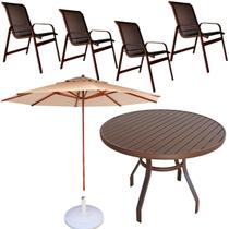 Jogo de Mesa 80cm Ripada 4 Cadeiras Piscina + Guarda Sol com base Jogo de Mesa 80cm Ripada 4 Cadeiras Piscina + Guarda Sol com base