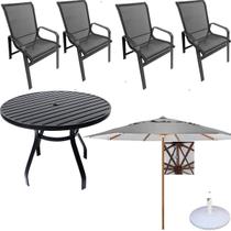 Jogo de Mesa 80cm Ripada Lótus 4 Cadeiras e Guarda Sol