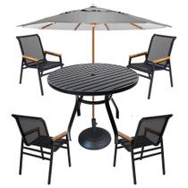 Jogo de Mesa 90cm Alumínio 4 Cadeiras Piscina Jardim + Guarda Sol