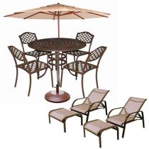 Jogo de Mesa com 4 Cadeiras Jardim Alumínio Fundido com Ombrelone e 2 Mini Espreguiçadeiras Jogo de Mesa com 4 Cadeiras Jardim Alumínio Fundido com Ombrelone e 2 Mini Espreguiçadeiras