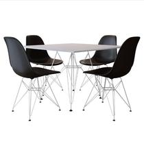 Jogo De Mesa Eames De Ferro Branco E Tampo Quadrado Branco 90cm 4 Cadeiras Pretas