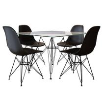 Jogo de Mesa Eames de Ferro Preto e Tampo Quadrado Vidro 90cm 4 Cadeiras Pretas