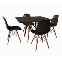 Jogo de Mesa Eames Tampo Quadrado Preto 90cm 4 Cadeiras Pretas