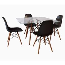 Jogo De Mesa Eames Tampo Quadrado Vidro 90cm 4 Cadeiras Pretas