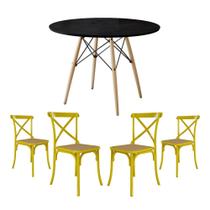Jogo de Mesa Eiffel Redondo Tampo de Madeira 110cm Preto com 4 Cadeiras Katrina Amarela Assento Bege Jogo de Mesa Eiffel Redondo Tampo de Madeira 110cm Preto com 4 Cadeiras Katrina Amarela Assento Bege