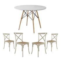 Jogo de Mesa Eiffel Redondo Tampo de Madeira 90cm Branco com 4 Cadeiras Katrina Off White Assento Be