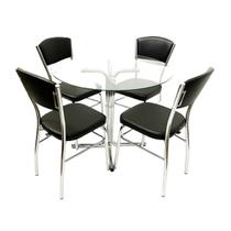 Jogo de Mesa Eloá com vidro redondo + 4 Cadeiras com reforço cromadas assento confortável grosso e encosto estofado cor preto - Poltronas do Sul
