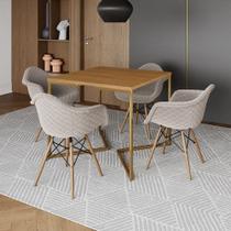 Jogo de Mesa Industrial Base Dourada Tampo Quadrado 90cm Canela com 4 Poltronas Estofadas Nude Jogo de Mesa Industrial Base Dourada Tampo Quadrado 90cm Canela com 4 Poltronas Estofadas Nude