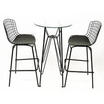 Jogo de Mesa Ísis Bistrô Eames Eiffel 1,00 metro com Vidro 60cm + 2 Banquetas Bertoia Preta Tubular