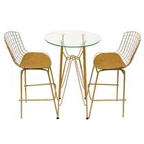 Jogo de Mesa Ísis cor Dourado Fosco Bistrô Eames Eiffel 1,00 metro com Vidro 60cm + 2 Banquetas Bertoia Assento Caramelo Tubular