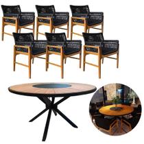 Jogo de Mesa Jantar 1,50m Madeira Giratória e 6 Poltronas Tokyo Corda Náutica Luxo