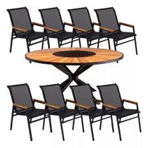 Jogo de Mesa Jantar 1,80m Zurick Madeira Pétalas 8 Poltronas Cactos Tela Sling e Alumínio