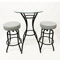 Jogo de Mesa Laura Bistrô Altura 92cm com Vidro + 2 Banquetas Cozinha Bar Altura 65cm Redonda cor Preta Assento Cinza Jogo de Mesa Laura Bistrô Altura 92cm com Vidro + 2 Banquetas Cozinha Bar Altura 65cm Redonda cor Preta Assento Cinza