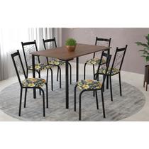 Jogo de Mesa London 1,36m X 0,80m em Mdf e Aço com 6 Cadeiras Estofado Floral Hibisco Amarelo