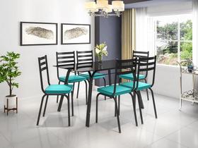 Jogo de Mesa Lótus 1,40 x 80 cm Tampo de Vidro Preto 6 Cadeiras 118 Azul Turquesa - Artefamol
