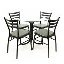 Jogo de Mesa Maitê com vidro redondo + 4 Cadeiras com reforço pretas assento confortável grosso cor preto