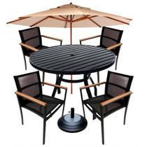 Jogo De Mesa Ripada 1,20m + 4 Cadeiras Amélia E Guarda Sol Piscina Preto