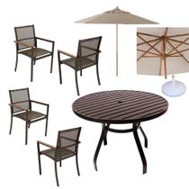 Jogo de Mesa Ripada Alumínio 4 Cadeiras Perpétua Tela Sling com Guarda Sol Jogo de Mesa Ripada Alumínio 4 Cadeiras Perpétua Tela Sling com Guarda Sol