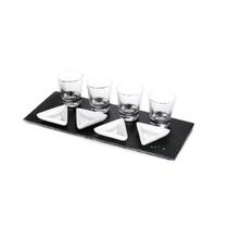 Jogo de Molheiras com Bandeja Ardósia Copos Shots Vidro Mini Pratinhos Triangulares de Porcelana Drinks Aperitivos Dose
