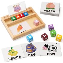 Jogo de ortografia Coogam Wooden Blocks, letras do alfabeto colorido combinando cartões flash, cubos ABC, palavras visuais, aprendendo quebra-cabeça montessori educacional, presente para crianças em idade pré-escolar, meninos e meninas de 3 a 5 anos