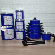 Jogo de Panela 5 Pçs Azul Ferv Kit Mantimentos Alumínio 5 Pçs Flor 3 Azul Espátulas