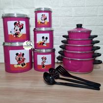 Jogo de Panela 5 Pçs Rosa Pink Kit Mantimentos Alumínio 5 Pçs Minnie e Mickey Rosa Pink Espátulas