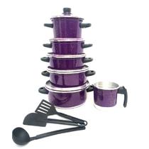 Jogo de Panela 5 pçs Roxo + fervedor nº 12 + kit Espátulas Aluminio Amj