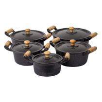 Jogo De Panela Alumínio Fundido Batido Grosso Craqueado Preto 5 Peças Pomel de Madeira