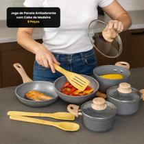 Jogo De Panela Antiaderente 8 Peças Cabo De Madeira Revestimento Cerâmico Tampa Vidro Cozinha Fogão Gás Elétrico Sortida