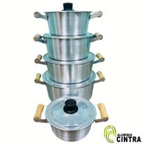 Jogo de Panela Caçarola Alumínio Grosso Cônica 2 alças Madeira 5pçs - Fábrica atacado