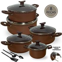 Jogo de Panela Caçarola Antiaderente Alumínio Grosso Tampa de Vidro 8 Peças Marrom Jogo de Panela Caçarola Antiaderente Alumínio Grosso Tampa de Vidro 8 Peças Marrom