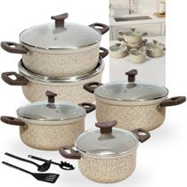 Jogo de Panela Caçarola Antiaderente Alumínio Grosso Tampa de Vidro 8 Peças Vanilla