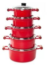 Jogo De Panela Caçarola Batida Cava Vermelha 5 Pçs com Tampa De Vidro Jogo De Panela Caçarola Batida Cava Vermelha 5 Pçs com Tampa De Vidro