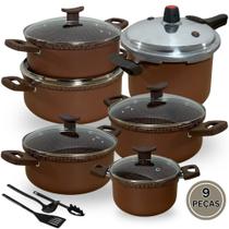 Jogo de Panela Caçarola E Panela de Pressão Antiaderente Alumínio Tampa de Vidro 9 Peças Marrom Jogo de Panela Caçarola E Panela de Pressão Antiaderente Alumínio Tampa de Vidro 9 Peças Marrom