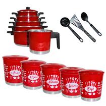 Jogo de Panela + Caneco + Latas Mantimentos + Brinde 10 Pçs Cor:Vermelho Jogo de Panela + Caneco + Latas Mantimentos + Brinde 10 Pçs Cor:Vermelho