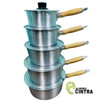 Jogo De Panela de Alumínio Grosso Polido 5peças Cabo Madeira 14x22