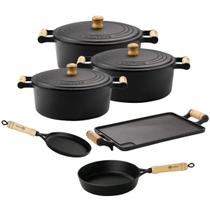 Jogo de Panela de Ferro Fundido 6 peças Frigideira Chapa e Tapioqueira Alça de Madeira