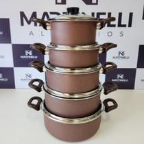 Jogo de Panela Extra Antiaderente Martinelli 5 Peças Com Tampa de Vidro e Alça Marron
