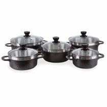 Jogo de Panela Gourmet 5 peças em alumínio Fundido e Tampa de Vidro Preta Jogo de Panela Gourmet 5 peças em alumínio Fundido e Tampa de Vidro Preta