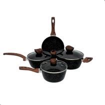 Jogo de Panela Indução Antiaderente 7 Peças Aluminio Stone Preto Madeira Marrom Conjunto Kit