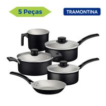 Jogo De Panela Kit 5 Pçs Aluminio Antiaderente Tramontina Preto Frigideira Tampo de Vidro