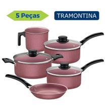 Jogo De Panela Kit 5 Pçs Aluminio Antiaderente Tramontina Rosa Frigideira Tampo de Vidro