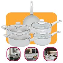 Jogo De Panela Madrid 5 Peças Antiaderente Indução Hauskraft Premium Cinza Com Tampa De Vidro