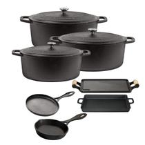 Jogo de Panela Neo de Ferro Fundido 7 peças Chapa Assadeira e Tapioqueira Alça de Madeira