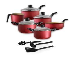 Jogo de Panelas 09 Peças Antiaderente c/ Tampa de Vidro + Utensílios Jogo de Panelas 09 Peças Antiaderente c/ Tampa de Vidro + Utensílios