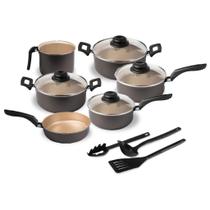 Jogo de Panelas 09 Peças Antiaderente com Tampa de Vidro Utensílios PRETO BEGE Jogo de Panelas 09 Peças Antiaderente com Tampa de Vidro Utensílios PRETO BEGE